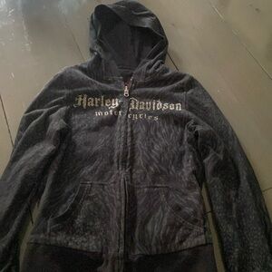 Harley Davidson, reversible, hooded sweatshirt that zips up with pockets on both
